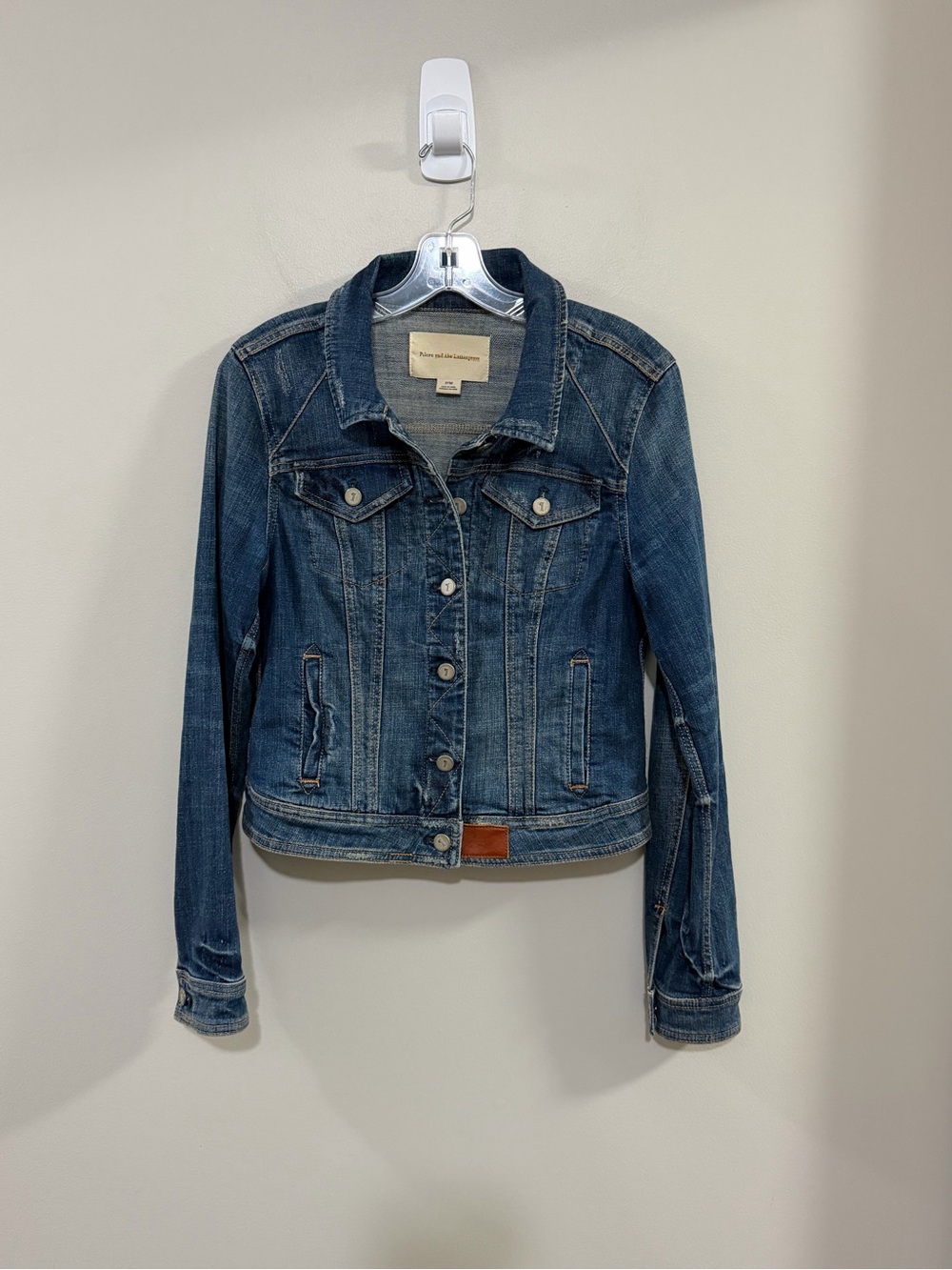 Pilcro Dark Blue Denim Distressed Classic Trucker Jacket. Size Medium